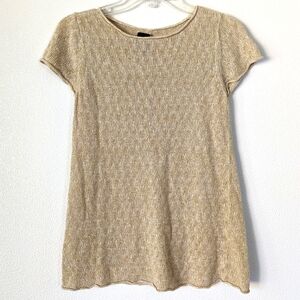 Eileen Fisher Linen Yellow/Tan Open Knit Capped Sleeve T- Shirt Top Size PS